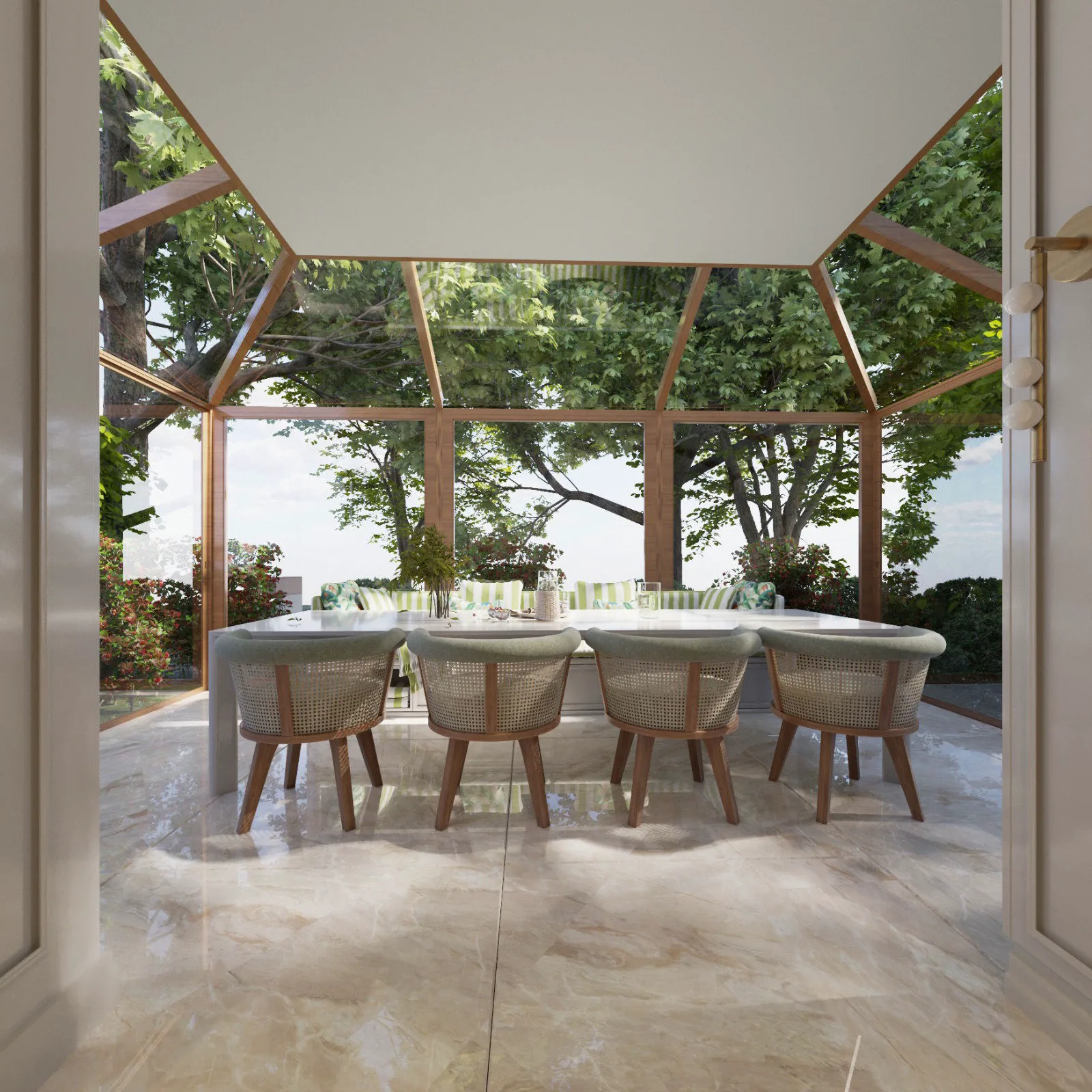 The House Akınlar projesinde ahşap doğramalı kış bahçesi